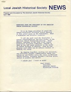 Local Jewish Historical News", April 1980, which includes historical information, news and contact information for Jewish historical societies in the US and Canada.